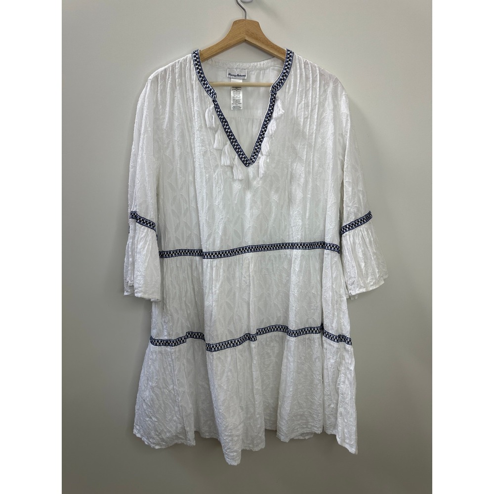 Tommy Bahama Cotton Clip Embroidered Tiered Cover Up Dress White & Blue Large - Picture 2 of 11